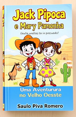 A colorful and whimsical book cover featuring two main characters: Jack Pipoca, a cheerful young boy with a playful expression, dressed in a cowboy outfit with a hat and boots, and Mary Pamonha, a spirited girl with pigtails, wearing a vibrant dress with a bandana, standing confidently beside him