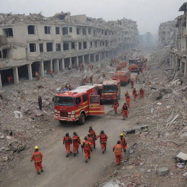 Emergency rescue vehicles and teams rush into the rubble-filled city in a well-coordinated evacuation effort. Hope slowly starts to emerge amongst the devastation.