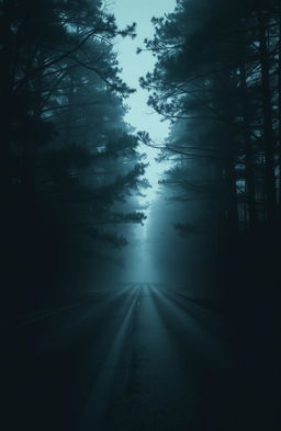 A mysterious, eerie scene set on a quiet road enveloped by tall, dense trees