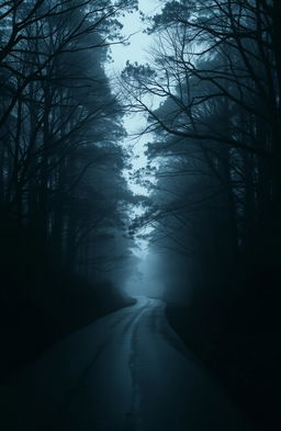 A mysterious, eerie scene set on a quiet road enveloped by tall, dense trees
