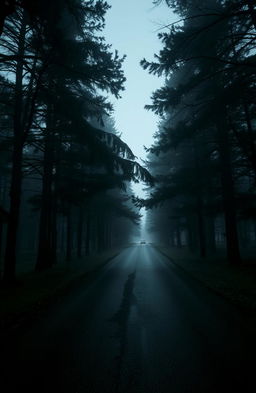 A mysterious, eerie scene set on a quiet road enveloped by tall, dense trees