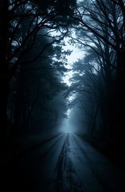 A mysterious, eerie scene set on a quiet road enveloped by tall, dense trees