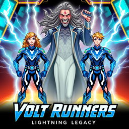 Two superhero teenagers standing valiantly side by side, each dressed in sleek blue suits that reflect their lightning powers, complete with intricate designs and glowing accents