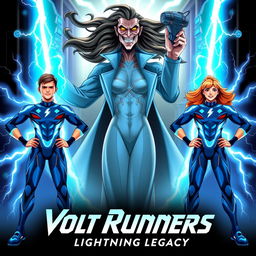Two superhero teenagers standing valiantly side by side, each dressed in sleek blue suits that reflect their lightning powers, complete with intricate designs and glowing accents