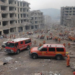 Emergency rescue vehicles and teams rush into the rubble-filled city in a well-coordinated evacuation effort. Hope slowly starts to emerge amongst the devastation.