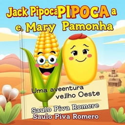 A delightful and imaginative book cover featuring two main characters: Jack Pipoca, designed as a cheerful and animated ear of corn with big, expressive eyes and a playful smile, and Mary Pamonha, illustrated as a cute and friendly pamonha (a corn dough snack), with adorable eyes and a friendly face