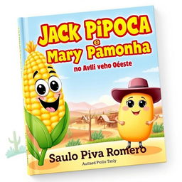 A delightful and imaginative book cover featuring two main characters: Jack Pipoca, designed as a cheerful and animated ear of corn with big, expressive eyes and a playful smile, and Mary Pamonha, illustrated as a cute and friendly pamonha (a corn dough snack), with adorable eyes and a friendly face