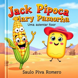 A delightful and imaginative book cover featuring two main characters: Jack Pipoca, designed as a cheerful and animated ear of corn with big, expressive eyes and a playful smile, and Mary Pamonha, illustrated as a cute and friendly pamonha (a corn dough snack), with adorable eyes and a friendly face