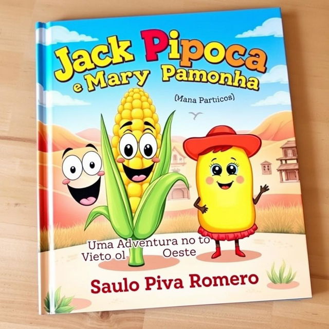 A delightful and imaginative book cover featuring two main characters: Jack Pipoca, designed as a cheerful and animated ear of corn with big, expressive eyes and a playful smile, and Mary Pamonha, illustrated as a cute and friendly pamonha (a corn dough snack), with adorable eyes and a friendly face