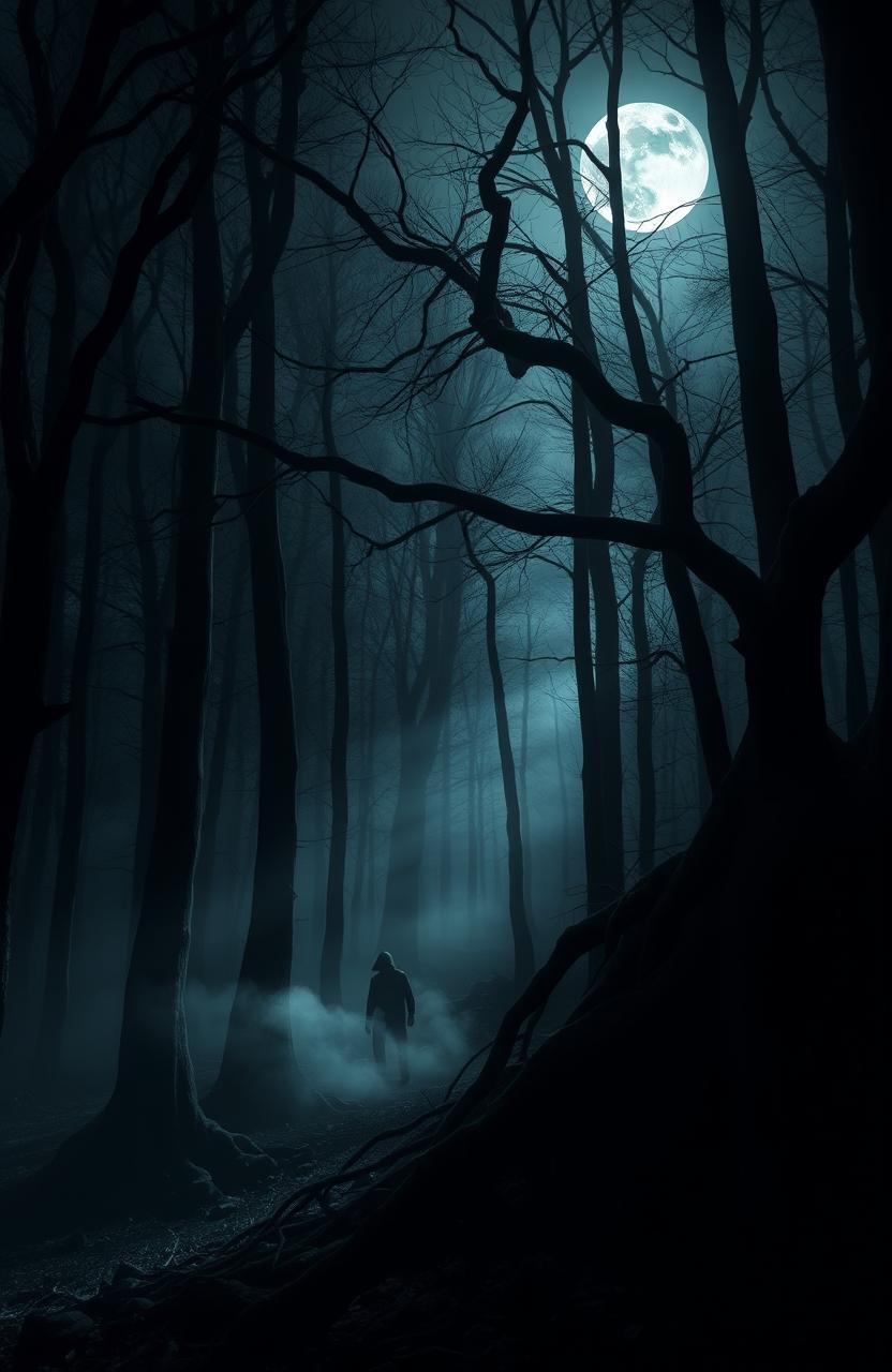 A mysterious forest scene titled 'The Whispering Dark', where shadows loom and the trees seem to whisper secrets