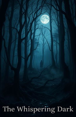 A mysterious forest scene titled 'The Whispering Dark', where shadows loom and the trees seem to whisper secrets