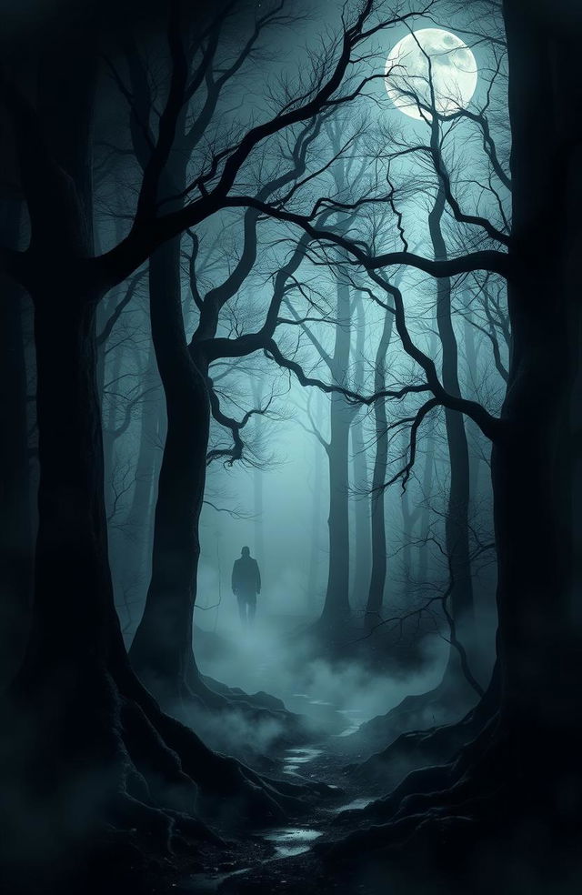 A mysterious forest scene titled 'The Whispering Dark', where shadows loom and the trees seem to whisper secrets