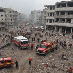 Emergency rescue vehicles and teams rush into the rubble-filled city in a well-coordinated evacuation effort. Hope slowly starts to emerge amongst the devastation.