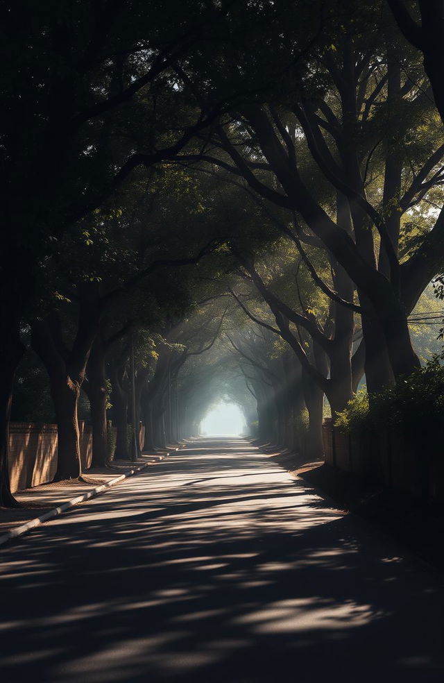 A quiet street adorned with towering trees casting dappled shadows on the pavement, creating a serene ambiance