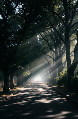 A quiet street adorned with towering trees casting dappled shadows on the pavement, creating a serene ambiance