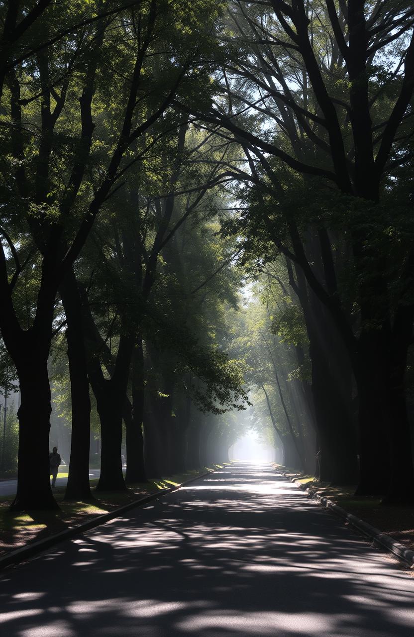 A quiet street adorned with towering trees casting dappled shadows on the pavement, creating a serene ambiance