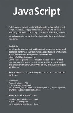 Comprehensive documentation on JavaScript, covering the basics including data types, variables, control structures (if statements, loops), functions, arrays, objects, and event handling