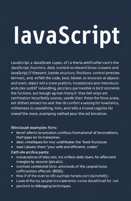 Comprehensive documentation on JavaScript, covering the basics including data types, variables, control structures (if statements, loops), functions, arrays, objects, and event handling