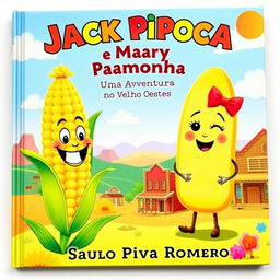 A vibrant and charming book cover featuring two main characters: Jack Pipoca, represented as a happy and animated ear of corn with a big smile and curious eyes, and Mary Pamonha, depicted as a cute, friendly pamonha (a corn cake), with a warm expression and fun details like a little bow