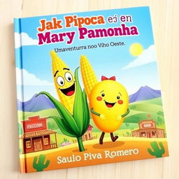 A vibrant and charming book cover featuring two main characters: Jack Pipoca, represented as a happy and animated ear of corn with a big smile and curious eyes, and Mary Pamonha, depicted as a cute, friendly pamonha (a corn cake), with a warm expression and fun details like a little bow