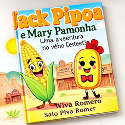A vibrant and charming book cover featuring two main characters: Jack Pipoca, represented as a happy and animated ear of corn with a big smile and curious eyes, and Mary Pamonha, depicted as a cute, friendly pamonha (a corn cake), with a warm expression and fun details like a little bow