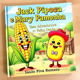 A vibrant and charming book cover featuring two main characters: Jack Pipoca, represented as a happy and animated ear of corn with a big smile and curious eyes, and Mary Pamonha, depicted as a cute, friendly pamonha (a corn cake), with a warm expression and fun details like a little bow