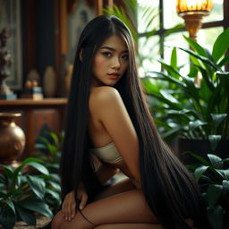 A stunning exotic Thai beauty kneeling gracefully, her long black hair cascading down her back