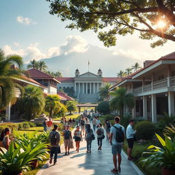 A vibrant representation of a college university in the Philippines, depicting an active campus life with students of various backgrounds engaged in learning and social activities