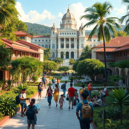 A vibrant representation of a college university in the Philippines, depicting an active campus life with students of various backgrounds engaged in learning and social activities