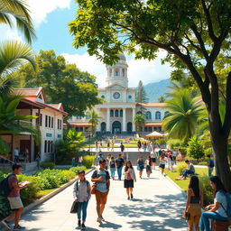 A vibrant representation of a college university in the Philippines, depicting an active campus life with students of various backgrounds engaged in learning and social activities