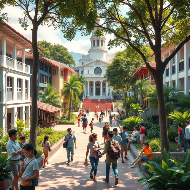 A vibrant representation of a college university in the Philippines, depicting an active campus life with students of various backgrounds engaged in learning and social activities