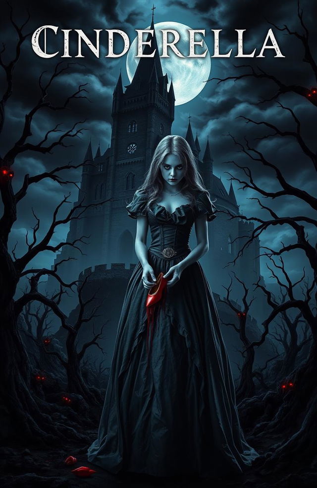 A dark and eerie book cover inspired by a horror version of Cinderella