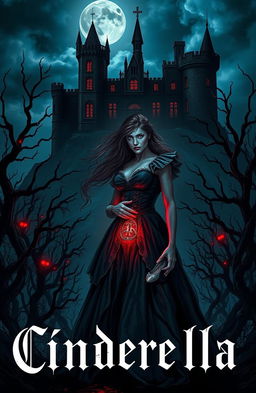 A dark and eerie book cover inspired by a horror version of Cinderella