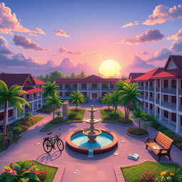 An animated depiction of a college university in the Philippines, illustrating the vibrant campus environment without any people present