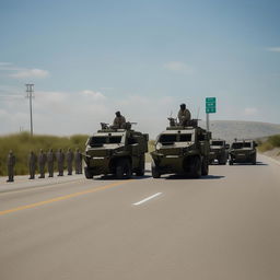 Two state-of-the-art armored military vehicles spearheading a procession along an empty one-lane freeway in broad daylight. Trailing them are twelve intimidating kidnappers donned in skeleton face masks and standard bullet-proof vests.