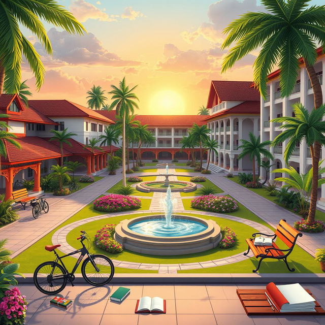 An animated depiction of a college university in the Philippines, illustrating the vibrant campus environment without any people present