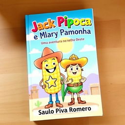 A charming and colorful book cover featuring two main characters: Jack Pipoca, designed as an anthropomorphic ear of corn with a big, friendly smile, wearing a classic cowboy hat and proudly displaying a shiny sheriff's star on his chest