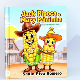 A charming and colorful book cover featuring two main characters: Jack Pipoca, designed as an anthropomorphic ear of corn with a big, friendly smile, wearing a classic cowboy hat and proudly displaying a shiny sheriff's star on his chest
