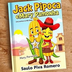 A charming and colorful book cover featuring two main characters: Jack Pipoca, designed as an anthropomorphic ear of corn with a big, friendly smile, wearing a classic cowboy hat and proudly displaying a shiny sheriff's star on his chest