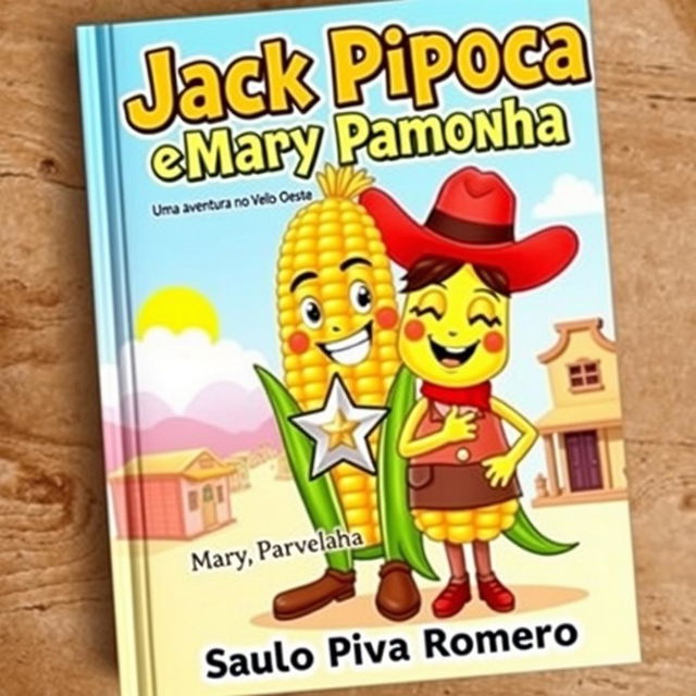 A charming and colorful book cover featuring two main characters: Jack Pipoca, designed as an anthropomorphic ear of corn with a big, friendly smile, wearing a classic cowboy hat and proudly displaying a shiny sheriff's star on his chest