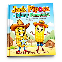 A charming and colorful book cover featuring two main characters: Jack Pipoca, designed as an anthropomorphic ear of corn with a big, friendly smile, wearing a classic cowboy hat and proudly displaying a shiny sheriff's star on his chest