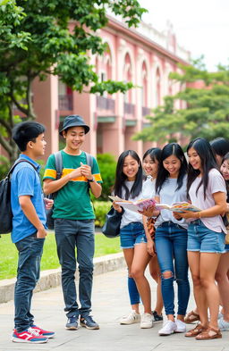 A vibrant college university scene in the Philippines, featuring 2 male students and 7 female students
