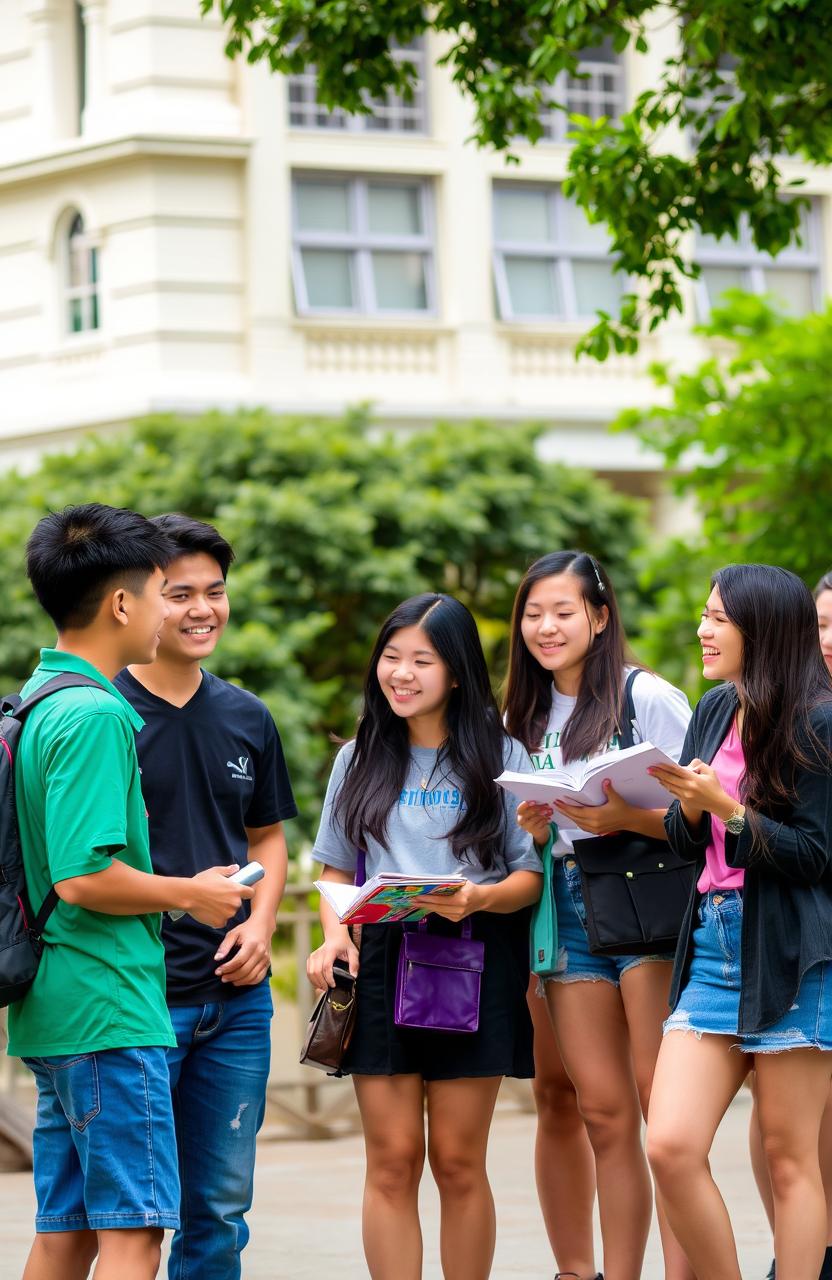 A vibrant college university scene in the Philippines, featuring 2 male students and 7 female students