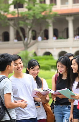 A vibrant college university scene in the Philippines, featuring 2 male students and 7 female students