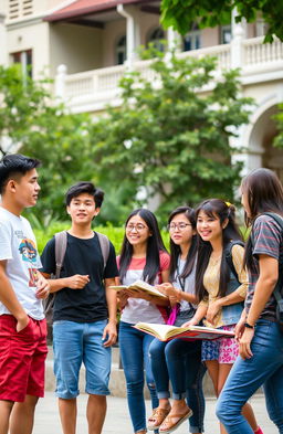 A vibrant college university scene in the Philippines, featuring 2 male students and 7 female students