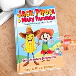 A colorful and whimsical book cover for a children's story titled 'Jack Pipoca e Mary Pamonha - Uma Aventura no Velho Oeste'