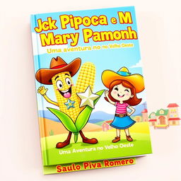 A colorful and whimsical book cover for a children's story titled 'Jack Pipoca e Mary Pamonha - Uma Aventura no Velho Oeste'