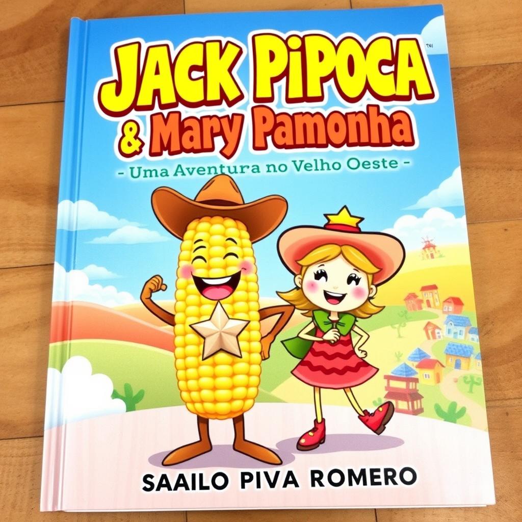 A colorful and whimsical book cover for a children's story titled 'Jack Pipoca e Mary Pamonha - Uma Aventura no Velho Oeste'