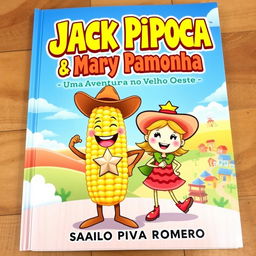 A colorful and whimsical book cover for a children's story titled 'Jack Pipoca e Mary Pamonha - Uma Aventura no Velho Oeste'