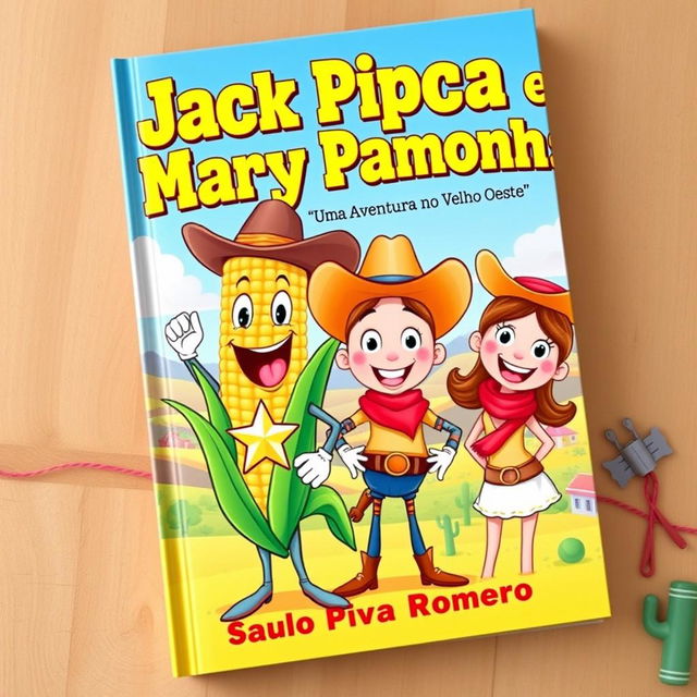 A colorful and whimsical book cover for a children's story titled 'Jack Pipoca e Mary Pamonha - Uma Aventura no Velho Oeste'